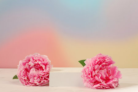 Empty podium with beautiful peony flowers. Abstract floral arrangement, banner. Creative template for your design. Minimal modern aesthetics, elegant beauty concept,の写真素材