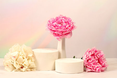 Abstract floral composition, banner.Empty podium with beautiful peony flowers. Creative template for your design. Minimal modern aesthetics, elegant beauty concept,の写真素材
