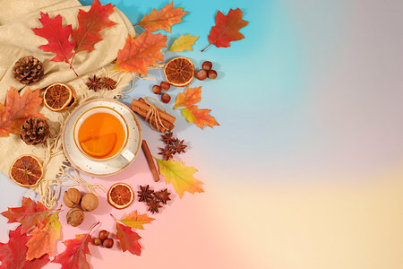 Bright autumn flyer with a cup of tea or mulled wine, maple leaves, pine cones, nuts, cinnamon, star...