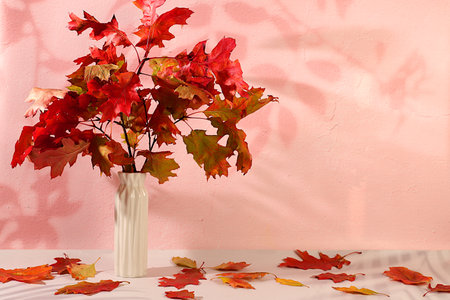 Creative autumn composition and banner for display. Empty modern elegant product display table with...