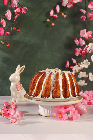 Traditional Easter cake and marbled Easter eggs, decorated with golden turmeric and hibiscus tea,...