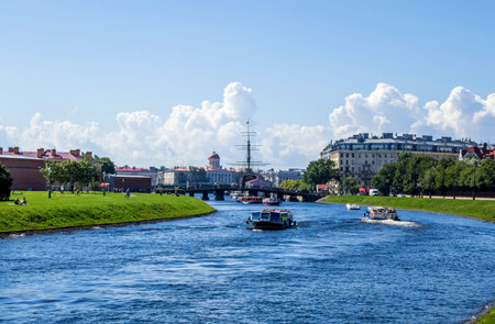 Russia, Saint Petersburg, July 8, 2020. In the photo boats with tourists