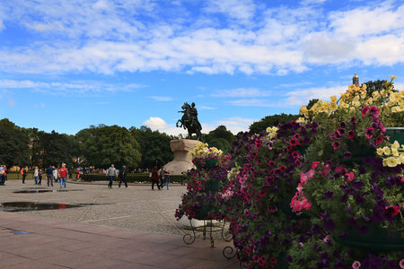 Russia, St. Petersburg, July 3, 2018, Bronze Horseman on Dvrtsovaya Embankment. The photo shows the...