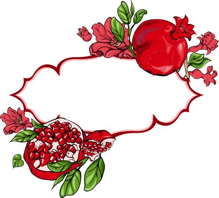White decorative background with red pomegranate ornament. Vector paper illustration.のイラスト素材