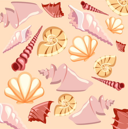 Beige summer marine background with exotic ocean seashells pattern. Vector illustration.のイラスト素材