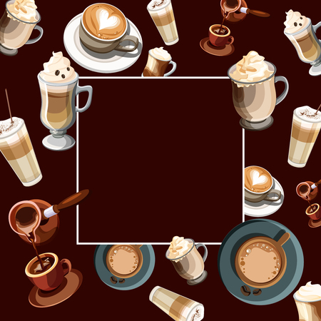 Brown square background with cups of coffee pattern. Vector illustration.のイラスト素材