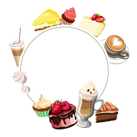 White round background with coffee and sweets. Vector paper illustration.のイラスト素材