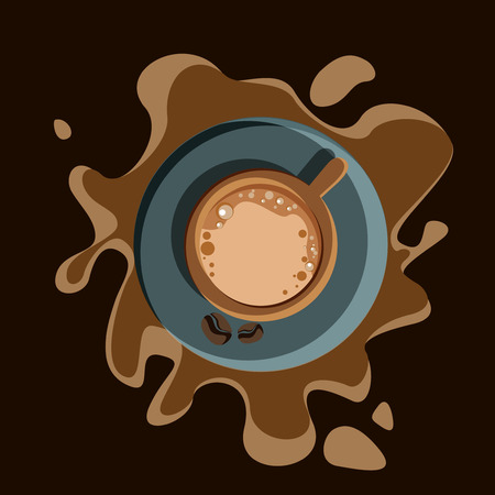 Brown background with cup of coffee. Vector top view illustration.のイラスト素材