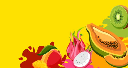 Yellow background with bright exotic fruits. Vector illustration.のイラスト素材