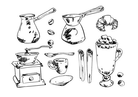 Coffee maker, grinder, croissant, cup, cinnamon sketches isolated on white background. Vector illustration.のイラスト素材