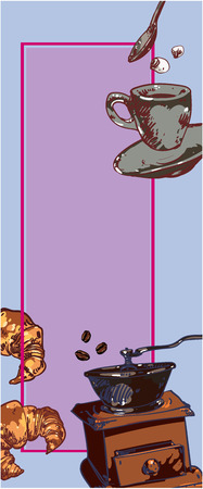 Retro lilac background with coffee and croissants. Vector illustration.のイラスト素材