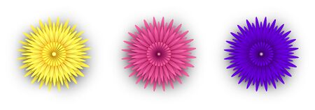 Pink, yellow and purple 3d flowers isolated on white background. Vector top view illustration.のイラスト素材