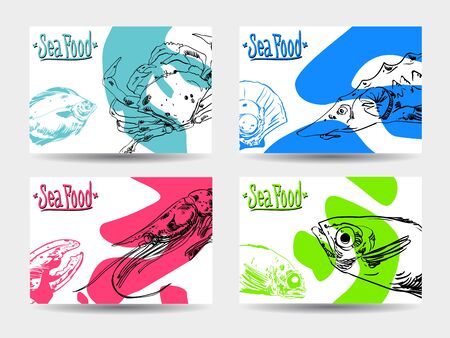 Set of four colorful cards with seafood on white background. Vector paper illustration.のイラスト素材