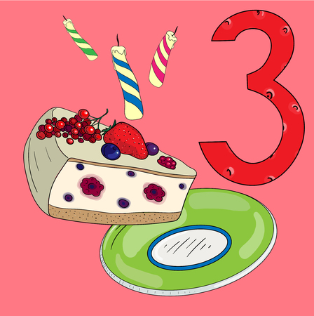 Happy Birthday background with piece of birthday cake and three candles. Vector illustration.のイラスト素材