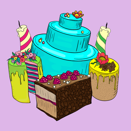 Happy Birthday background with birthday cake and two candles. Vector illustration.のイラスト素材