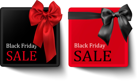 Black Friday sale square cards with red and grey satin bow vector paper illustration.のイラスト素材