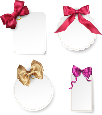 White paper decorative card templates with beautiful colorful satin bow. Vector illustration.のイラスト素材