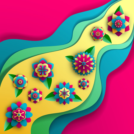 Bright pink and yellow background with colorful flowers. Vector illustration.のイラスト素材