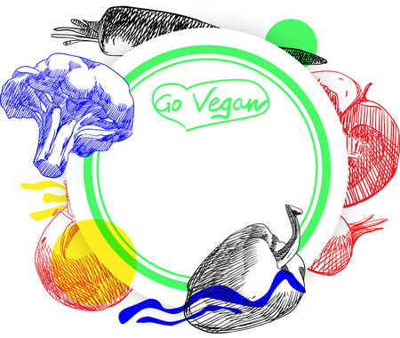 Go vegan round card with vegetables on white background. Vector paper illustration.のイラスト素材