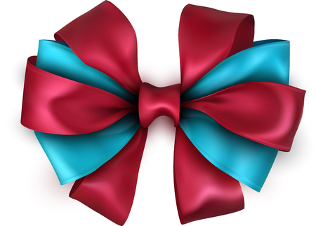Red and blue bicolour realistic beautiful satin bow for gift isolated on white. Vector illustration.のイラスト素材