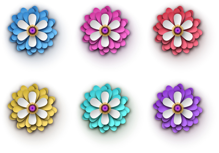 Set of bright colorful 3d flowers isolated on white background. Vector top view illustration.のイラスト素材