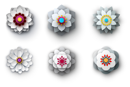 Set of bright white and grey 3d flowers isolated on white background. Vector top view illustration.のイラスト素材