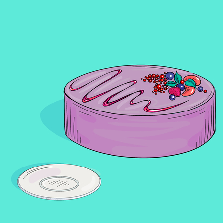 Lilac berry cake on blue background. Vector illustration.