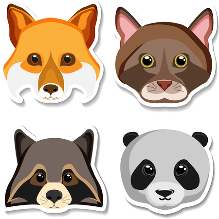 Cartoon fox, raccoon, panda and bagheera heads sticker isolated on white background. Vector paper illustration.
のイラスト素材