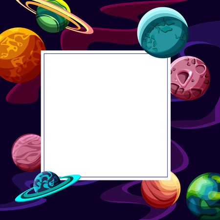 White square frame with creative planets on purple background. Vector space illustration.のイラスト素材