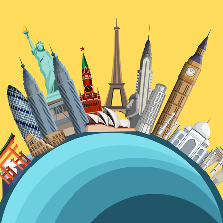Yellow and blue creative travelling background with world famous sights. Vector illustration.
のイラスト素材