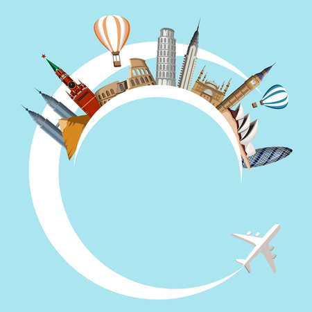 Blue creative travelling background with world famous sights and plane. Vector illustration.のイラスト素材