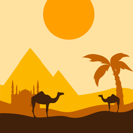 Egyptian background with camels, Mosque of Mohammed Ali and pyramids. Vector illustration.のイラスト素材