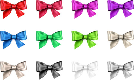 Set of colorful realistic beautiful satin bows for gift isolated on white. Vector illustration.のイラスト素材