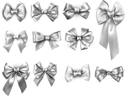 Set of grey and silver realistic beautiful satin bows for gift isolated on white. Vector illustration.のイラスト素材
