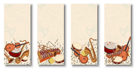 Set of beige backgrounds with notes pattern and colorful musical instruments. Vector music illustration.のイラスト素材
