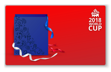 Red football 2018 gift card template with shopping bag. Vector paper illustration.のイラスト素材