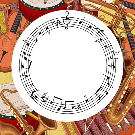 White round background with notes and musical instruments. Vector music illustration.のイラスト素材