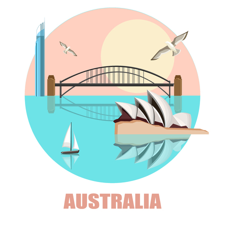 Round Australian Sydney background with Opera House and Harbor Bridge. Vector illustration.のイラスト素材