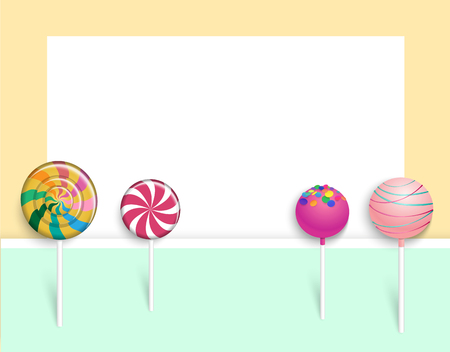 White frame on yellow background with bright color lollipops. Vector paper illustration.のイラスト素材