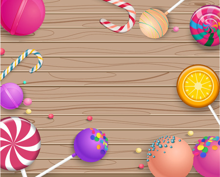 Beige wooden textured background with bright colorful 3d lollipops. Vector illustration.のイラスト素材