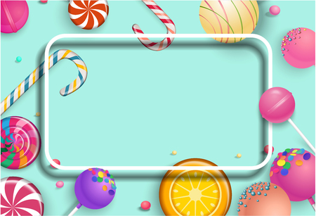 Green background with white frame and bright colorful 3d lollipops. Vector illustration.のイラスト素材