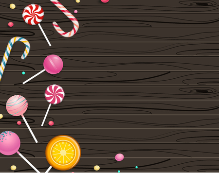 Brown wooden textured background with bright colorful lollipops. Vector illustration.のイラスト素材