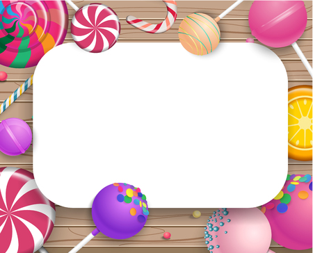White frame with bright colorful 3d lollipops on wooden textured background. Vector illustration.のイラスト素材