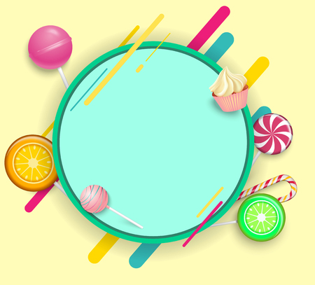 Green round frame on yellow background with bright color lollipops. Vector paper illustration.

のイラスト素材