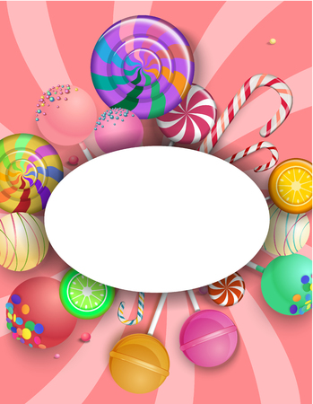Pink oval frame on striped background with bright colorful lollipops and canes. Vector paper illustration.
のイラスト素材
