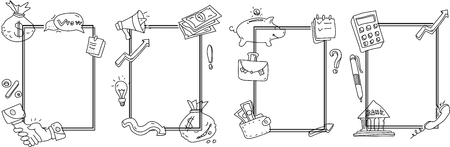 Business and money frames sketches with financial symbols on white background. Vector paper illustration.のイラスト素材