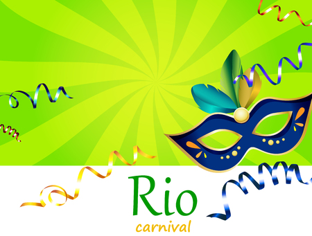 Green Rio carnival background with blue festive mask and color serpentine. Vector illustration.のイラスト素材