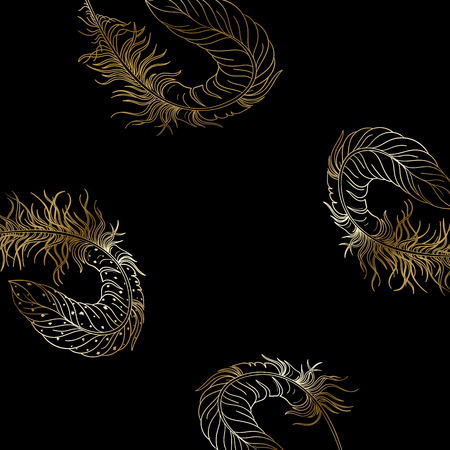 Black carnival background with gold feathers pattern. Vector illustration.のイラスト素材
