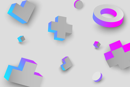 Grey background with blue and pink 3d geometric figures pattern. Vector illustration.のイラスト素材