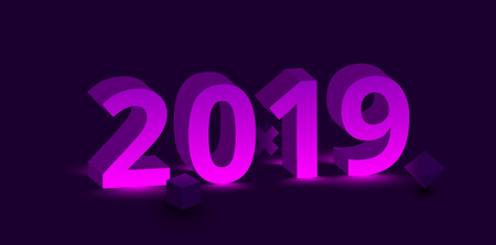 Pink 2019 new year 3d sign on purple background. Vector illustration.